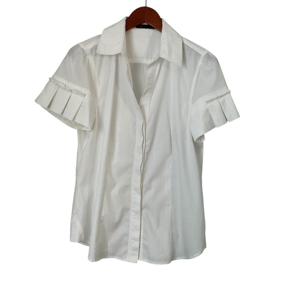 Zac Studio Womens Ruffled Short Sleeves Button Down Shirt White Classic Sz L